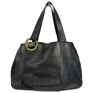 Michael Kors Fulton Black Pebbled Leather Tote Bag Gold MK Logo Shoulder Purse